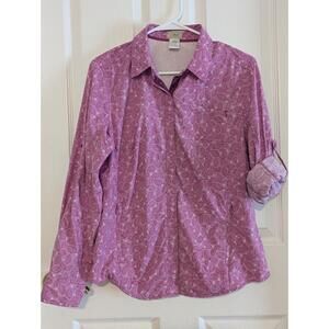 LL Bean Shirt Women M Pink 100% Nylon Roll-tab Sleeves Snap-buttons Vented
